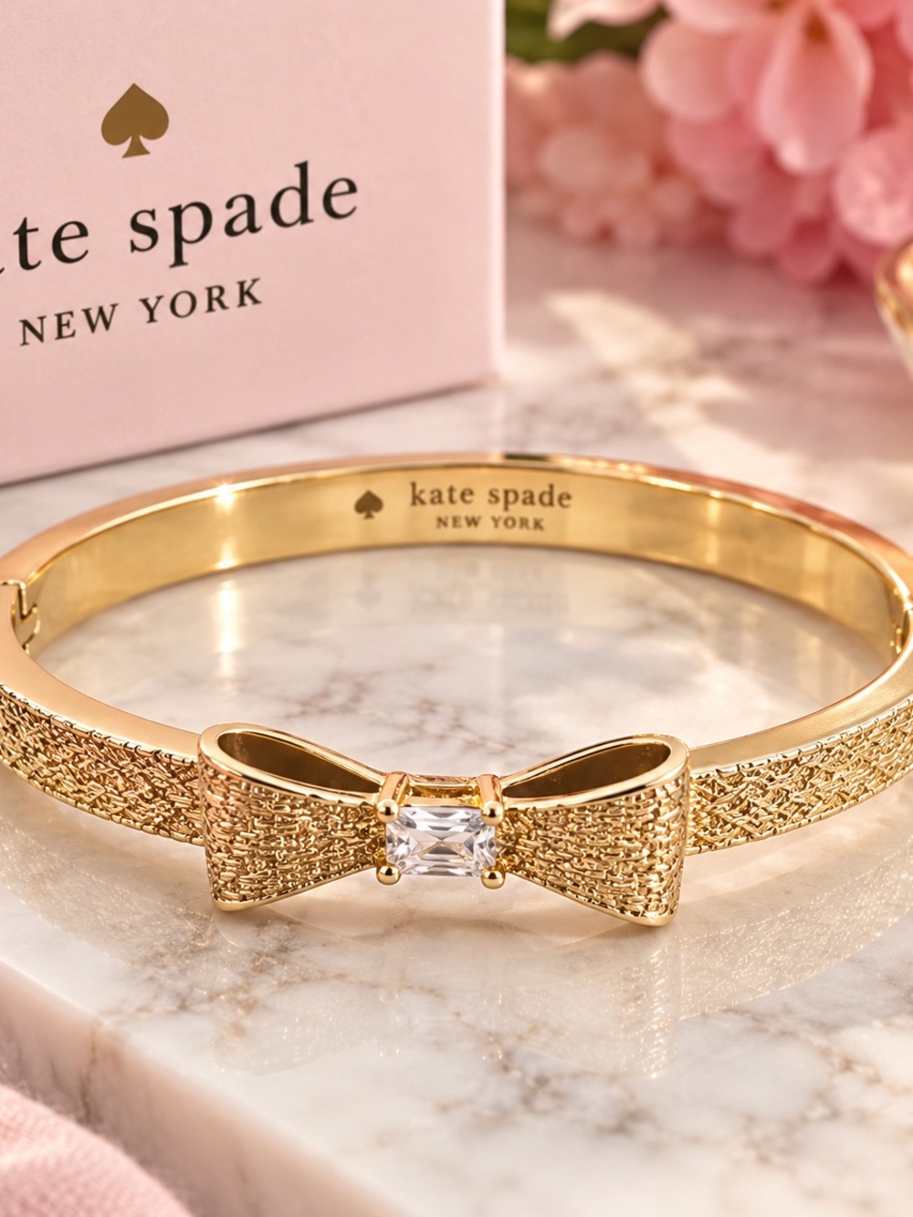 Kate Spade Wrapped in a Bow Gold Textured Bangle Bracelet Crystal
